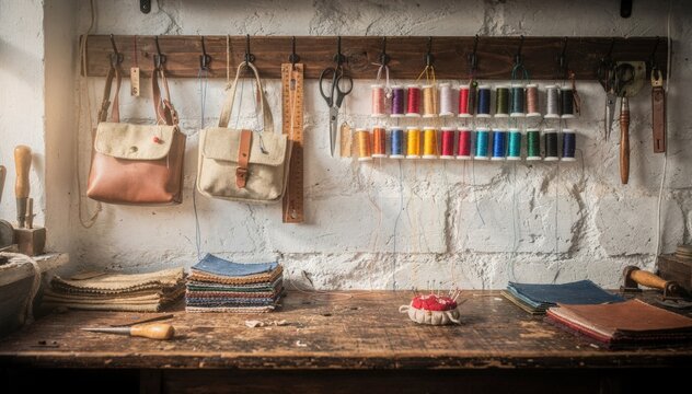 Artisan workshop scene with wall hooks displaying sample bags threads and tools in a medium shot emphasizing organized craft materials and rustic studio charm.