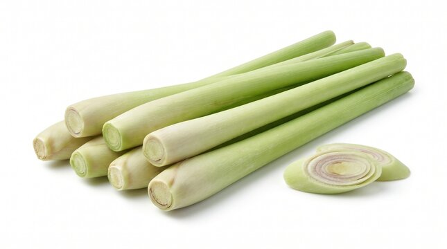 Fresh sereh or lemongrass isolated on white background with sliced stalk detail, ideal for spice packaging, herbal drinks, recipes, wellness content, and cuisine design.