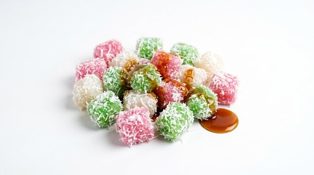Colorful cenil Indonesian tapioca dessert isolated on white background with grated coconut, ideal for dessert menus, snack packaging, recipes, and cultural food design.