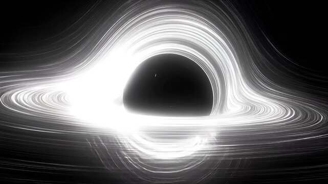 Black hole, fantasy, mysterious. A digital artwork depicts a swirling vortex of light and shadow against a dark background. The vortex consists of concentric circles of varying sizes and colors.