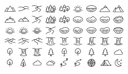 Fototapeta premium Landscape icons vector thin line nature scenery editable stroke set