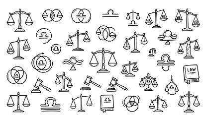 Fototapeta premium Hand drawn Libra scales doodle vector illustration set with balanced and uneven justice symbols