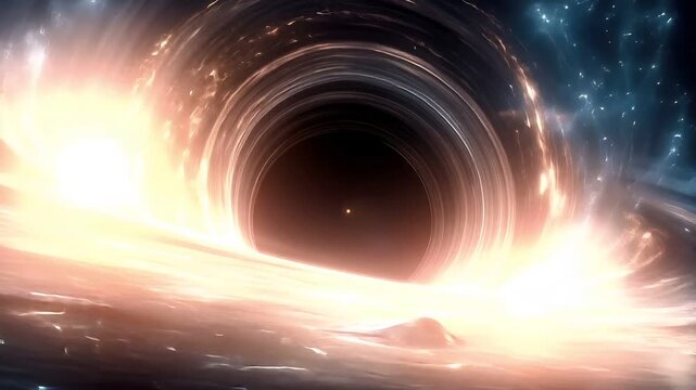 Black hole, fantasy, mysterious. A vivid digital artwork depicts a cosmic scene. A swirling vortex of light and shadow creates a mesmerizing effect against a dark background.
