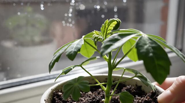 Hand Caring for Small Potted Plant on Windowsill with Rain Drops, Sustainable Urban Gardening Concept for Website Banner and Hero Header