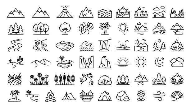 Nature scenery icons vector minimal landscape outline pack