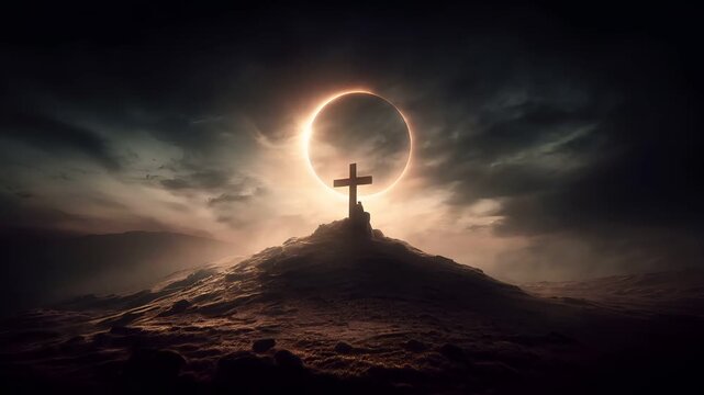 Eclipse, fantasy, mysterious, supernatural. A dramatic digital artwork depicts a celestial scene. A solitary cross stands atop a rocky outcrop, bathed in the warm glow of the setting sun.