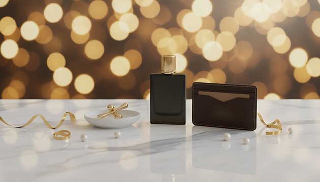 Dark rectangular perfume bottle with gold cap centered on a marble surface, flanked by a brown leather cardholder and scattered decorative ribbon, pearls, and golden rings with warm bokeh lights in.