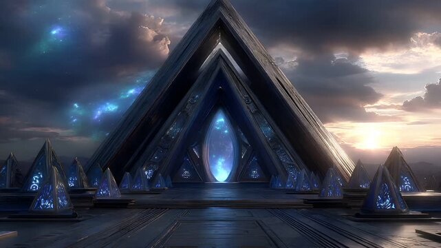 Space universe exploration, fantasy, mysterious. A digital artwork depicts a futuristic, triangular structure with a glowing blue portal at its center.