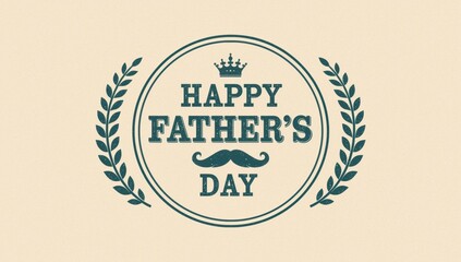 Obraz premium Happy father's day emblem with laurel wreath and mustache on a soft cream colored paper background