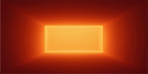 Abstract orange glowing corridor background with a futuristic rectangular neon light frame portal disappearing into deep warm shadows © Md