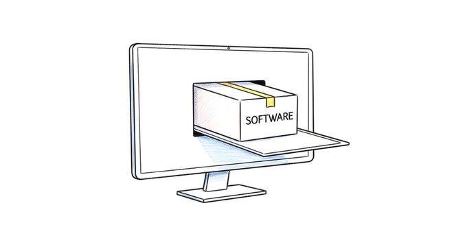 Digital software delivery concept with laptop and virtual box.