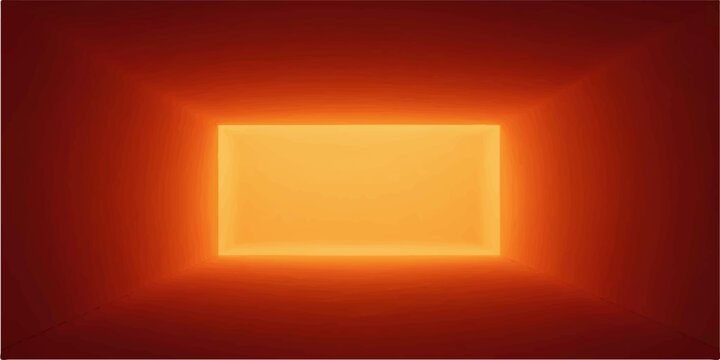 Abstract orange glowing corridor background with a futuristic rectangular neon light frame portal disappearing into deep warm shadows