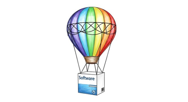 Colorful hot air balloon carrying software box illustration.