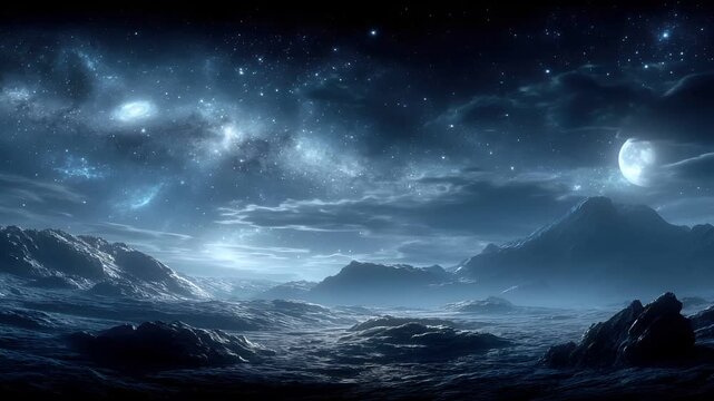 Space universe exploration, fantasy, mysterious. A digital artwork depicts a serene celestial landscape. The sky is a deep blue, filled with stars and nebulae, and a large.