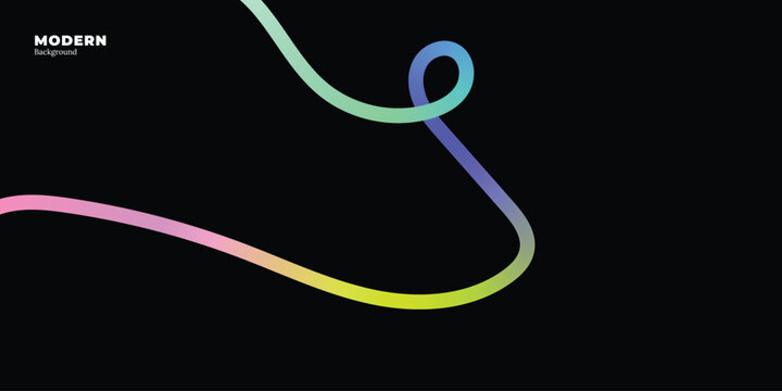 Dark mode abstract 3D fluid line background with colorful gradient neon ribbon dynamic loop curve on black copy space for premium tech website banner design