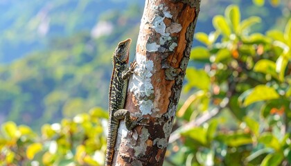 Fototapeta premium A small reptile clings to the bark of a tree. The backdrop includes out-of-focus green foliage and distant mountains