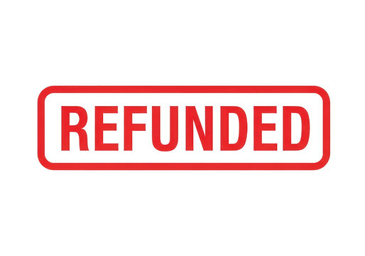 Refunded red rubber stamp icon, rectangular business seal with refund text, financial transaction and return policy symbol on white background