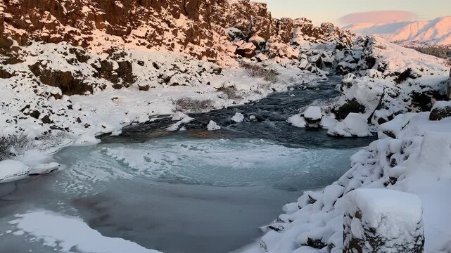 The beautiful historic Thingvellir National Park in Iceland in winter