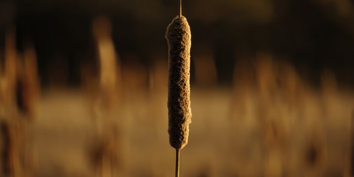 Close-up of a cattail seed head against a blurred natural background