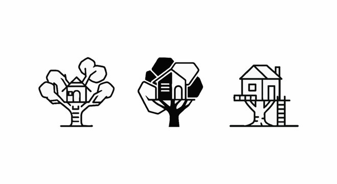 Whimsical black and white treehouse illustration set.
