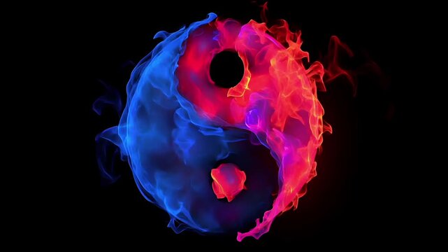Yin Yang, Chinese philosophy, harmony, balance, Taoism. A vivid digital artwork depicts a swirling vortex of blue and pink hues against a deep black background. The swirling vortex.