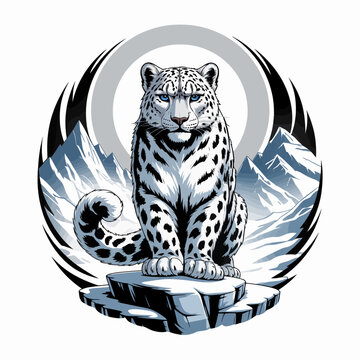 Snow leopard sitting on ice block.