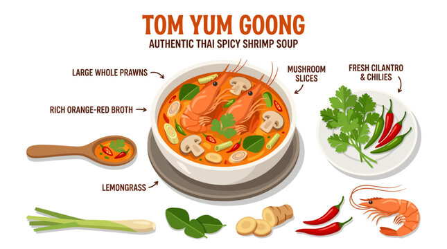 Tom Yum Goong Authentic Thai Spicy Shrimp Soup Infographic Vector Illustration