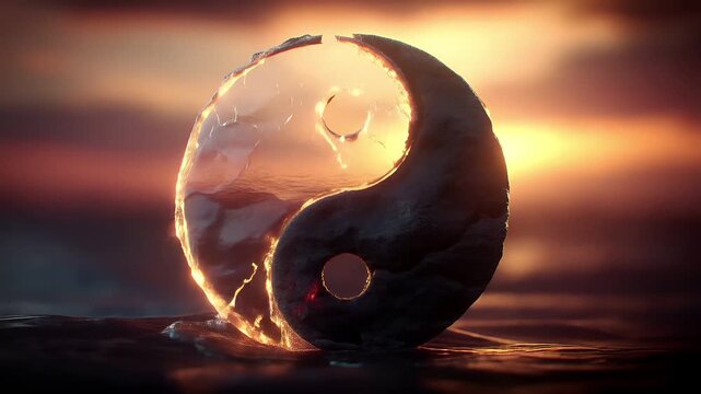 Yin Yang, Chinese philosophy, harmony, balance, Taoism. A vivid, fiery depiction of a spherical object, resembling a yinyang symbol, is set against a dark, smoky background.