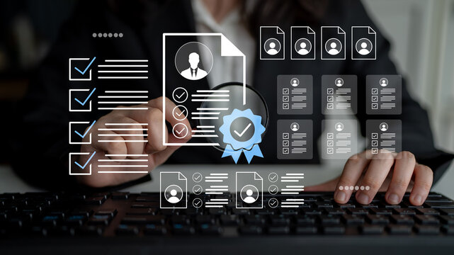 Businessman working on computer with documents and virtual elements. Focus on analyzing CVs and headshots, highlighting the recruitment and evaluation process. Gantry