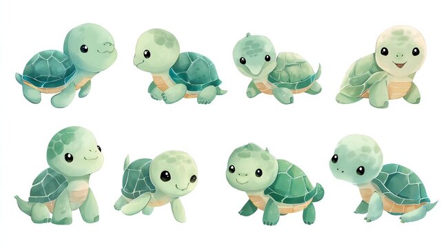 Collection of cute, colorful hand-drawn cartoon turtles with different expressions and postures, isolated on a clean white background.