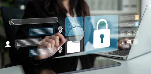 A business professional engages with a digital interface related to artificial intelligence and...