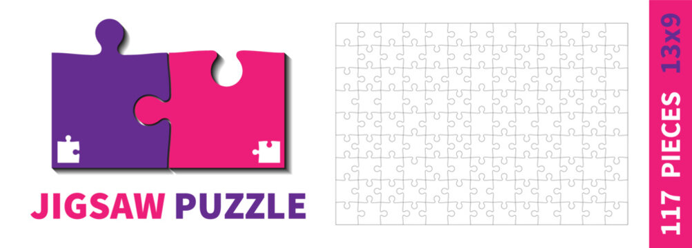 Detailed various shapes puzzle grid. Jigsaw puzzle blank template. 13x9 shapes, 117 pieces. Separate matching puzzle elements. Vector illustration