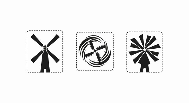 Three distinctive windmill icons in geometric styles.