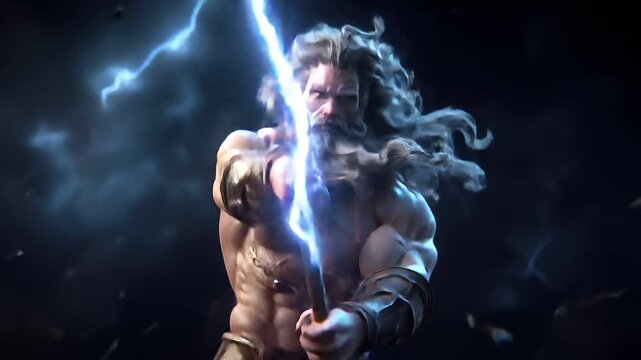 Greek mythology god Zeus. Fantasy. A detailed digital artwork depicts a muscular, bearded man with long, flowing white hair and a fierce expression. He holds a trident in his right hand.