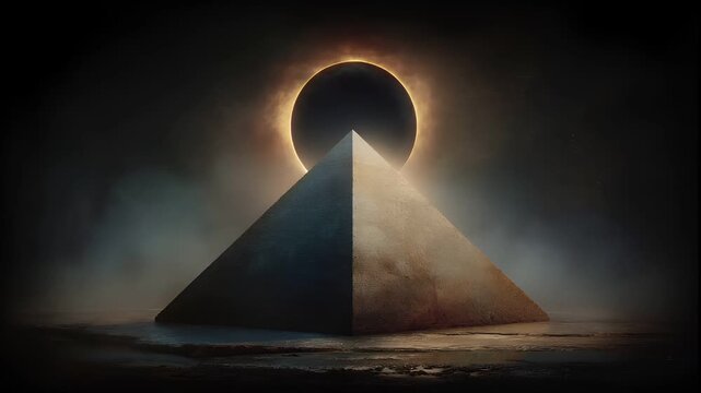 Fantasy wallpaper. A dramatic digital artwork depicts a large, pyramidshaped structure with a smooth, reflective surface. The pyramid is set against a dark, stormy sky.