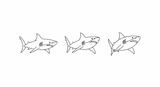 Three stylized shark line art illustrations in sequence.