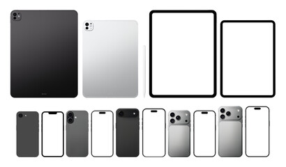 Obraz premium Photorealistic black and silver mobile devices collection mockup: smartphones and tablet pc with stylus. Front and back views isolated on transparent background. Vector PNG
