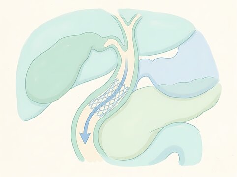 Medical illustration showing a stent inserted into a narrowed bile duct to restore bile flow from the liver and gallbladder.