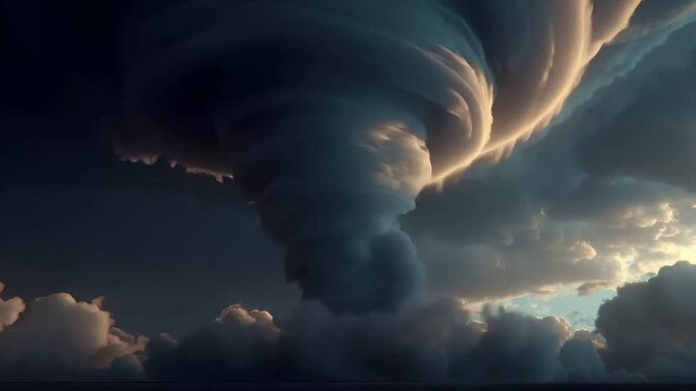 Tornado, twister, weather, natural disaster. A dramatic depiction of a tornado, captured in a digital art style. The tornado is depicted as swirling clouds.