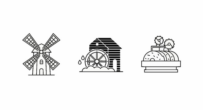 Vintage windmill waterwheel and bakery production icons set.