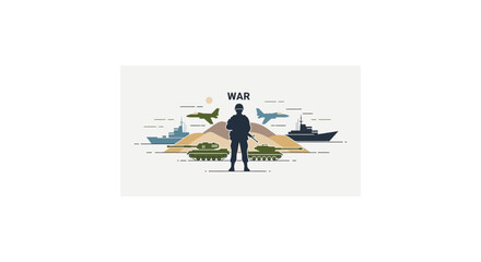 Silhouette of soldier with military warships and airplanes in background representing armed conflict and defense. © Bella