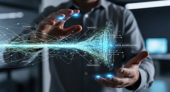 Data aggregation concept. A data scientist's hands observe a hologram where small 'data streams' merge to form a large 'river' of information.