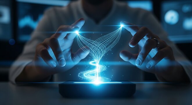 Data aggregation concept. A data scientist's hands observe a hologram where small 'data streams' merge to form a large 'river' of information.