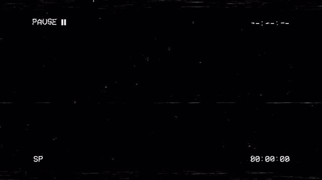 Vhs pause overlay with glitch static grain on a black video frame. Perfect for retro video editing projects and nostalgic visuals. 4k - alpha channel