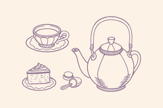 Tea time set with teapot cup cake slice hand drawn tea party afternoon tea hot drink baked goods beverage illustration collection refreshment delicious relaxation restaurant