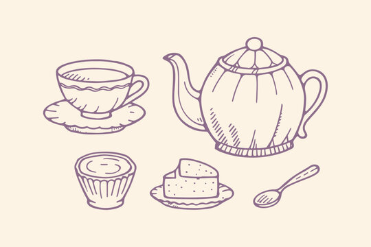 Afternoon tea arrangement with teapot cup muffin cake hand drawn tea party hot drink baked goods beverage illustration collection refreshment delicious relaxation restaurant