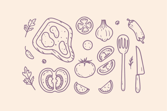 Drawn food ingredients and utensils for cooking with hand drawn ingredients illustration utensils vegetable preparation collection kitchenware culinary appetizing