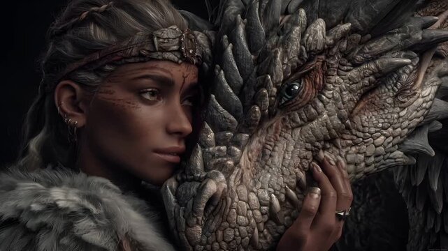 Fantasy wallpaper. A detailed digital artwork depicts a female warrior with a fierce expression, her face partially obscured by a dragon.