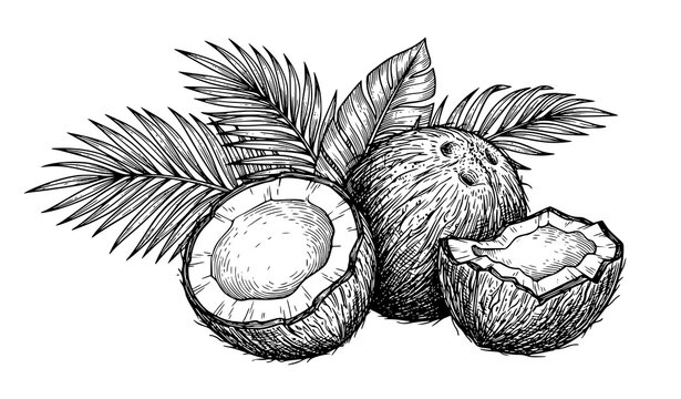 Black and white coconut sketch vector illustration isolated on white background