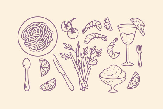 Hand-drawn sketch of delicious food and drink elements: pasta shrimp asparagus lemon slices with illustration delicious spaghetti asparagus vegetables refreshment tableware appetizer
